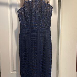 BCBG Max Azria size 8 navy blue knit lace with black sheer net cocktail dress